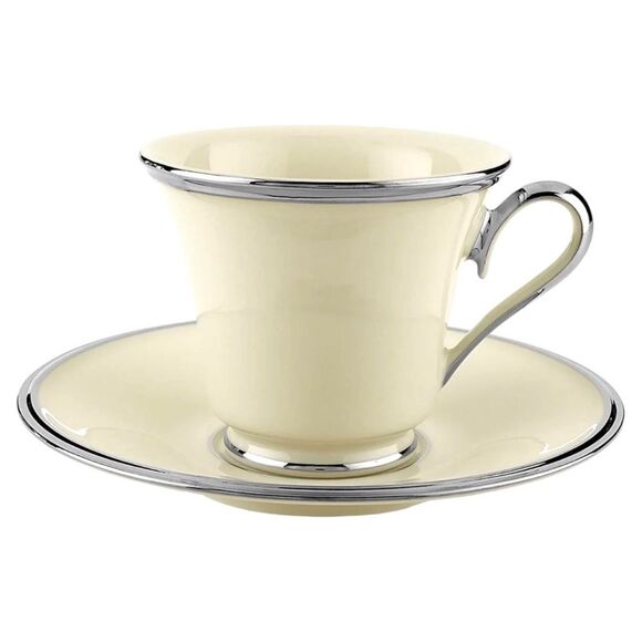 Set of Two Lenox Solitaire Teacup and Saucer in Ivory with Platinum Silver Rim - Picture 1 of 11